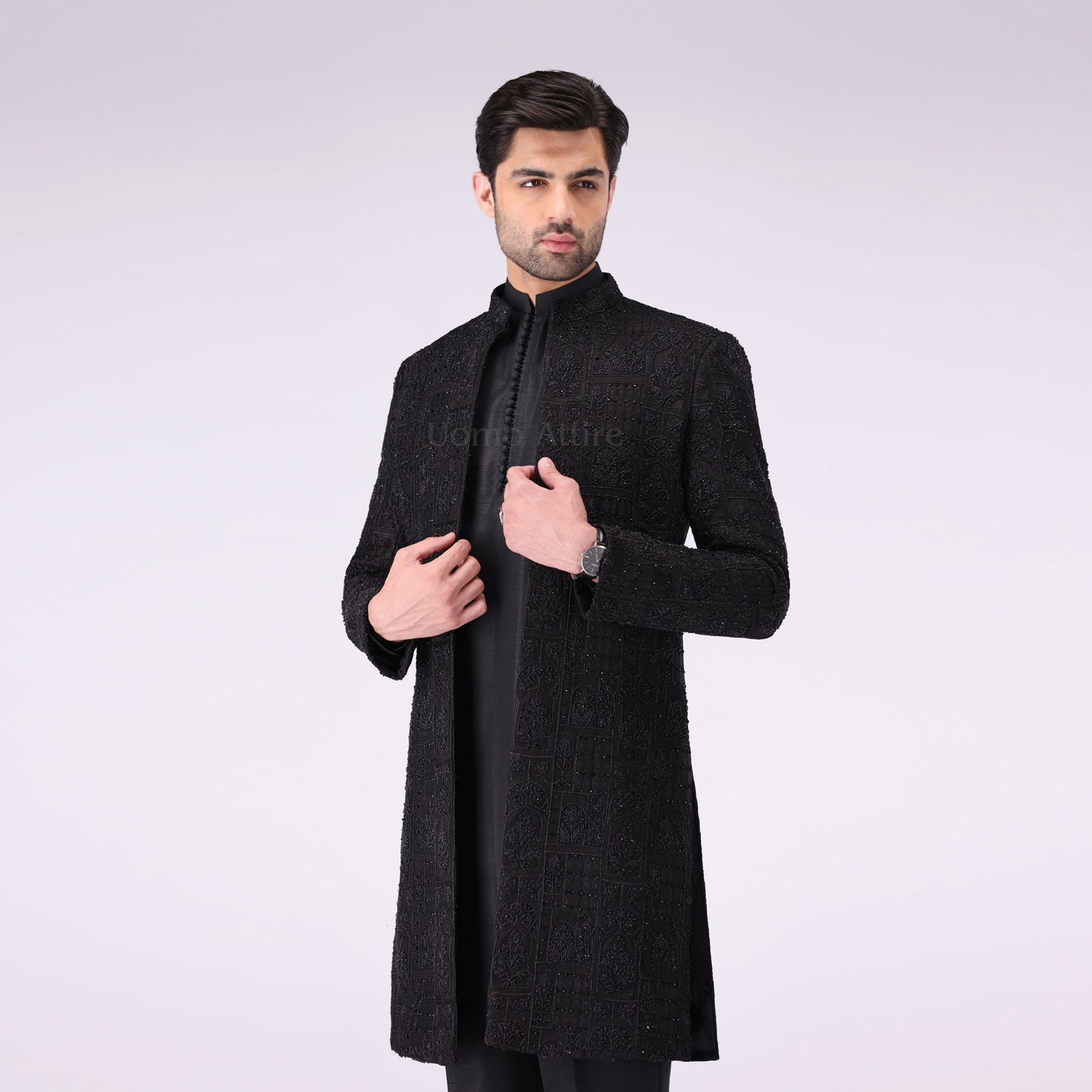 
                  
                    Majestic Open Front Black Sherwani  For Groom With Fully Embilshment
                  
                