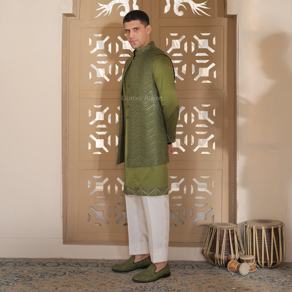 
                  
                    Luxury Embroidered Waistcoat with Open Front Kurta & White Pajama Set for Grooms
                  
                