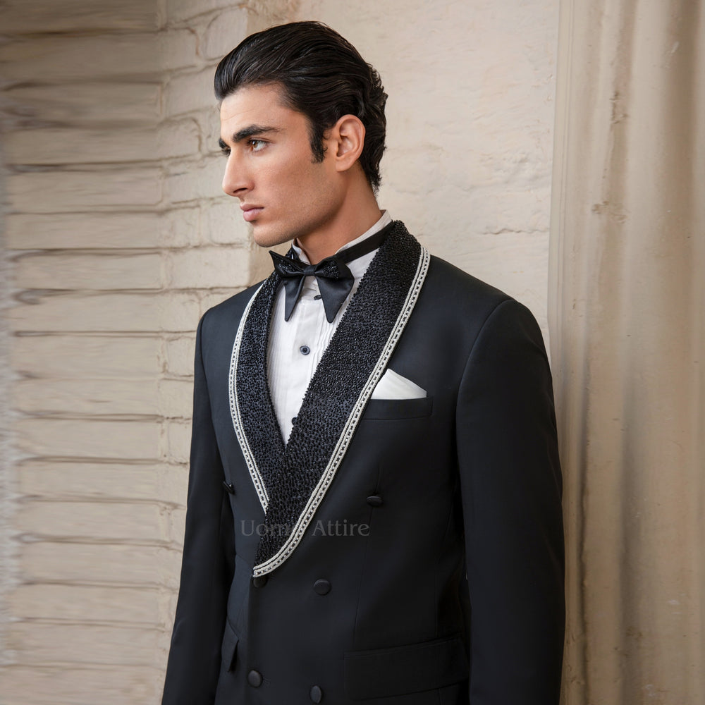 
                  
                    Custom-Made Jet Black Double-Breasted Tuxedo with Embellished Shawl Lapel for Grooms
                  
                