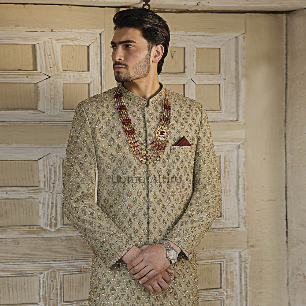 
                  
                    Exquisite Custom Ivory Gold Sherwani  For Groom with Golden Embellishments
                  
                