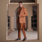 Luxury Rusty Orange Embroidered Prince Coat for Grooms with Kurta and Pajama