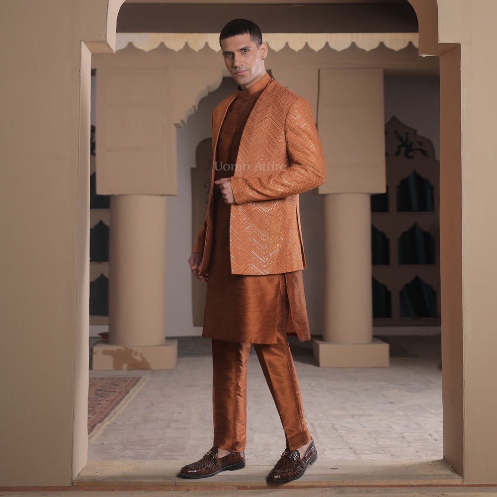 Luxury Rusty Orange Embroidered Prince Coat for Grooms with Kurta and Pajama