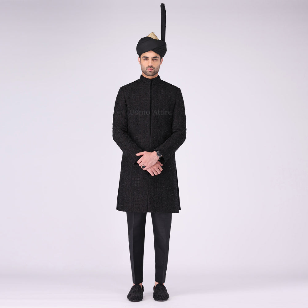 Majestic Open Front Black Sherwani  For Groom With Fully Embilshment