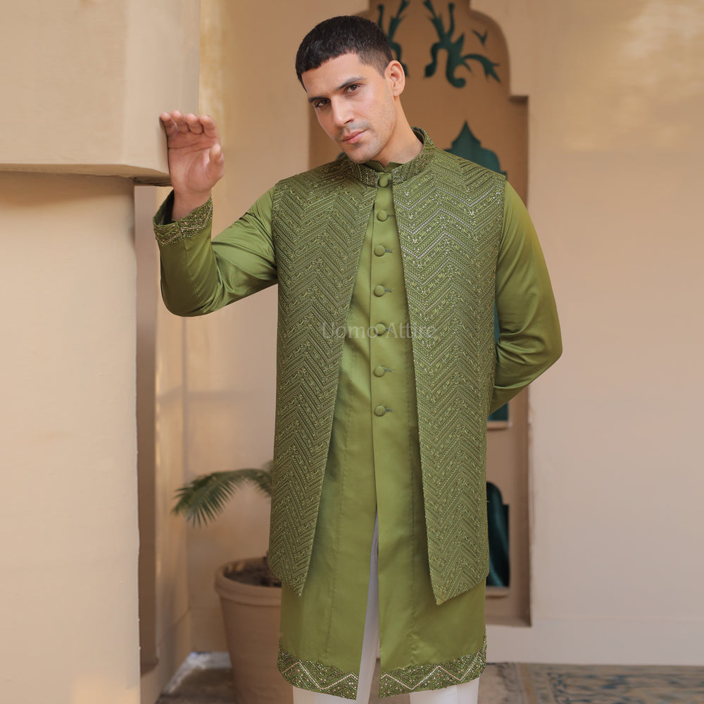 
                  
                    Luxurious Open Front Forest Green Fully Embroidered Short Sherwani for Groom
                  
                