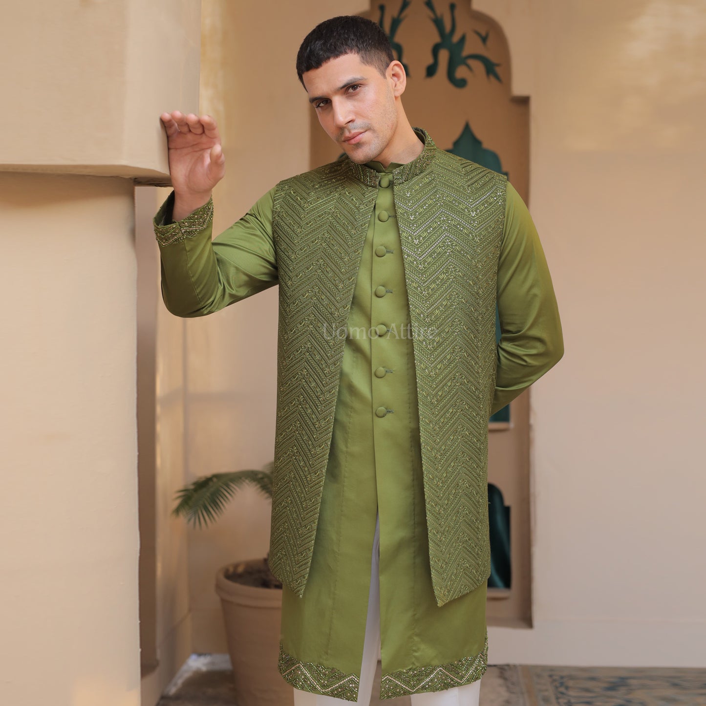 
                  
                    Luxury Embroidered Waistcoat with Open Front Kurta & White Pajama Set for Grooms
                  
                