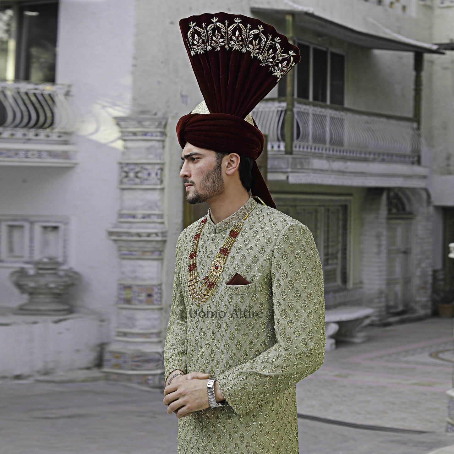 
                  
                    Exquisite Custom Ivory Gold Sherwani  For Groom with Golden Embellishments
                  
                