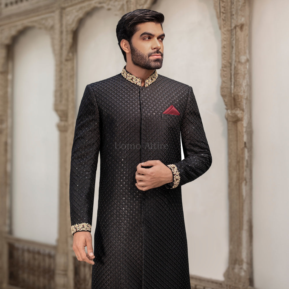 
                  
                    Regal Jet Black Sherwani for Groom A Perfect Blend of Elegance and Royalty
                  
                