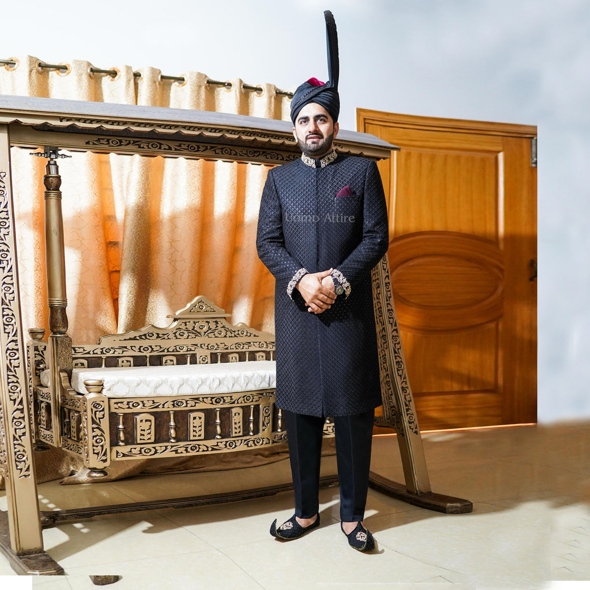 Regal Black Embroidered Sherwani with Signature Royal Turban