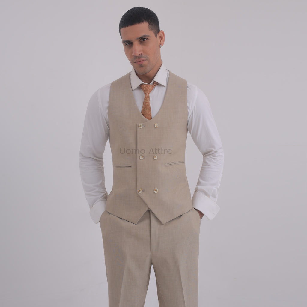 Beige Custom-Made Men's Three-Piece Suit