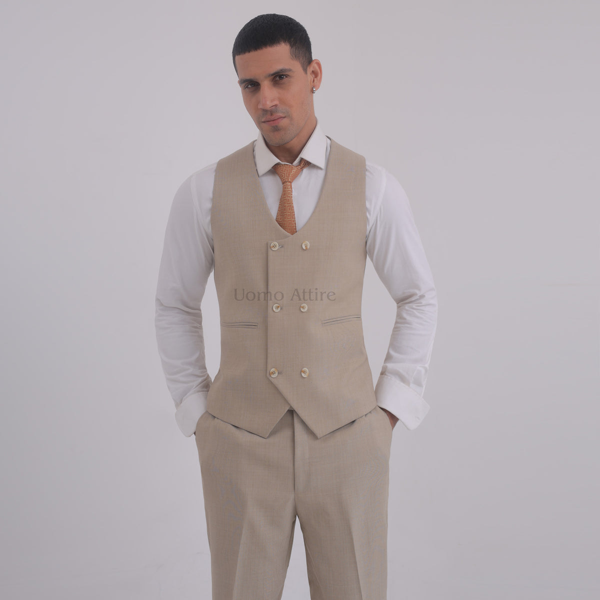 Beige Custom-Made Men's Three-Piece Suit