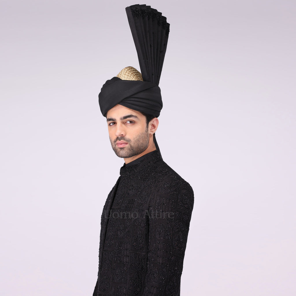 Majestic Open Front Black Sherwani  For Groom With Fully Embilshment