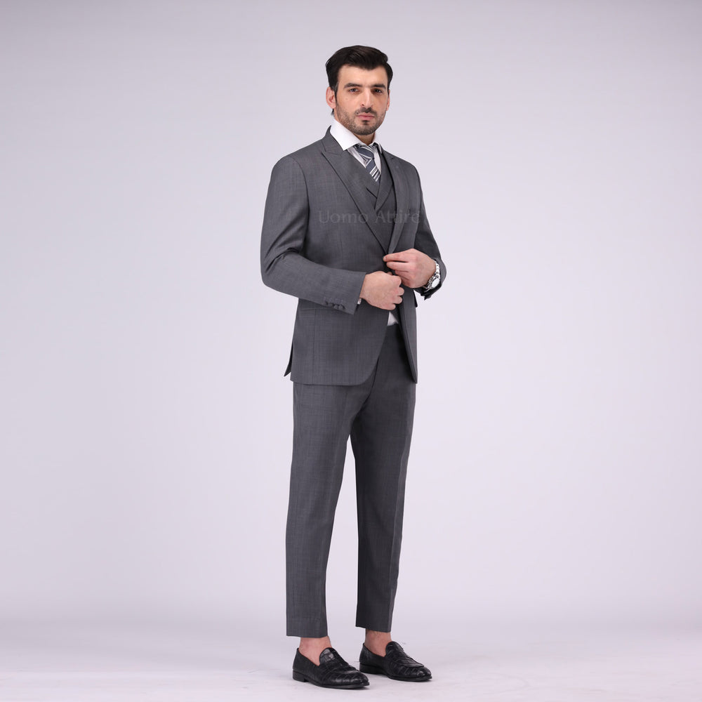 Refined Italian Wool Charcoal Grey Three-Piece Suit For Mens