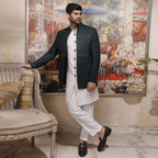 Elegant Deep Green  Open Front Embroidered Prince Coat with White Kurta Pajama Set