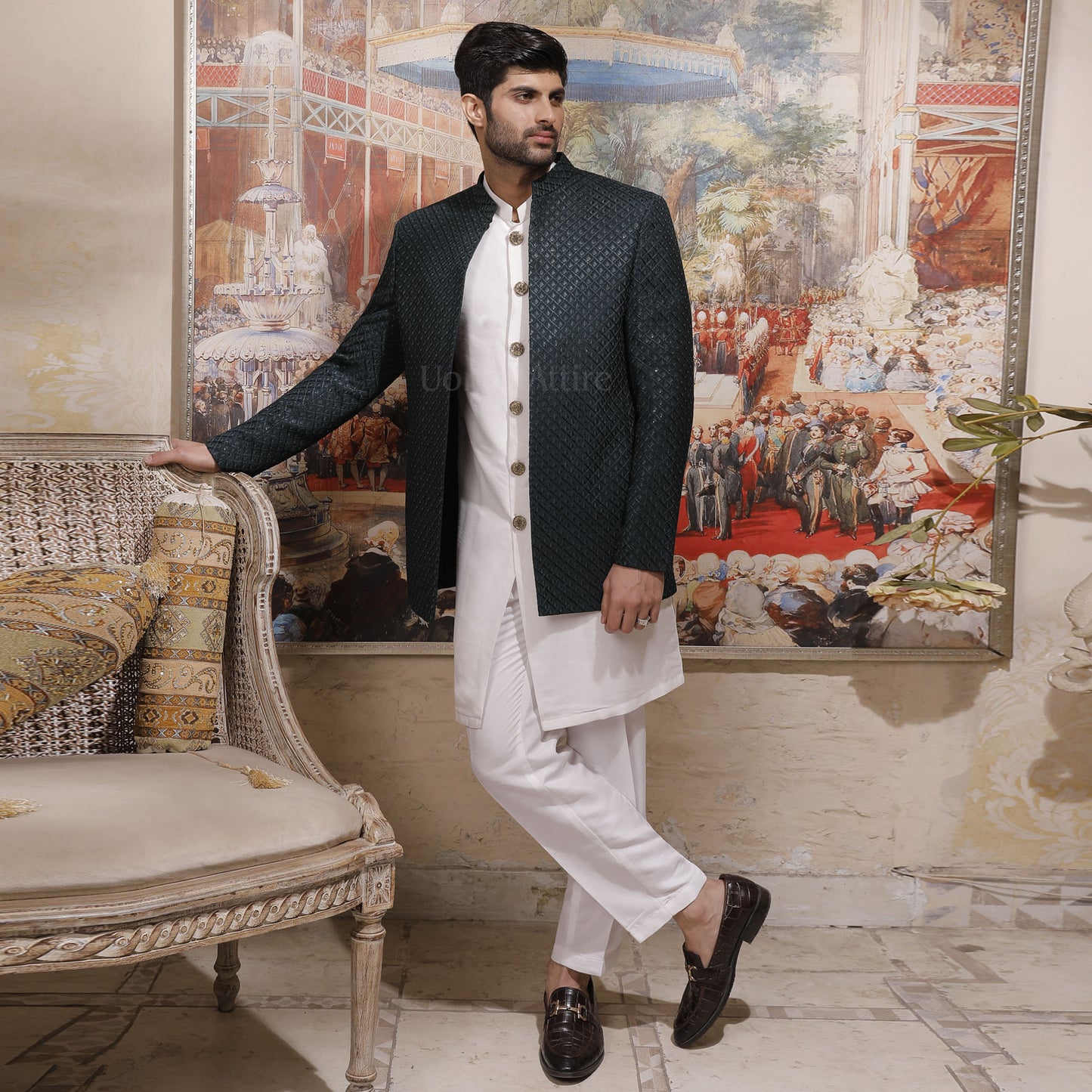 
                  
                    Elegant Deep Green  Open Front Embroidered Prince Coat with White Kurta Pajama Set
                  
                