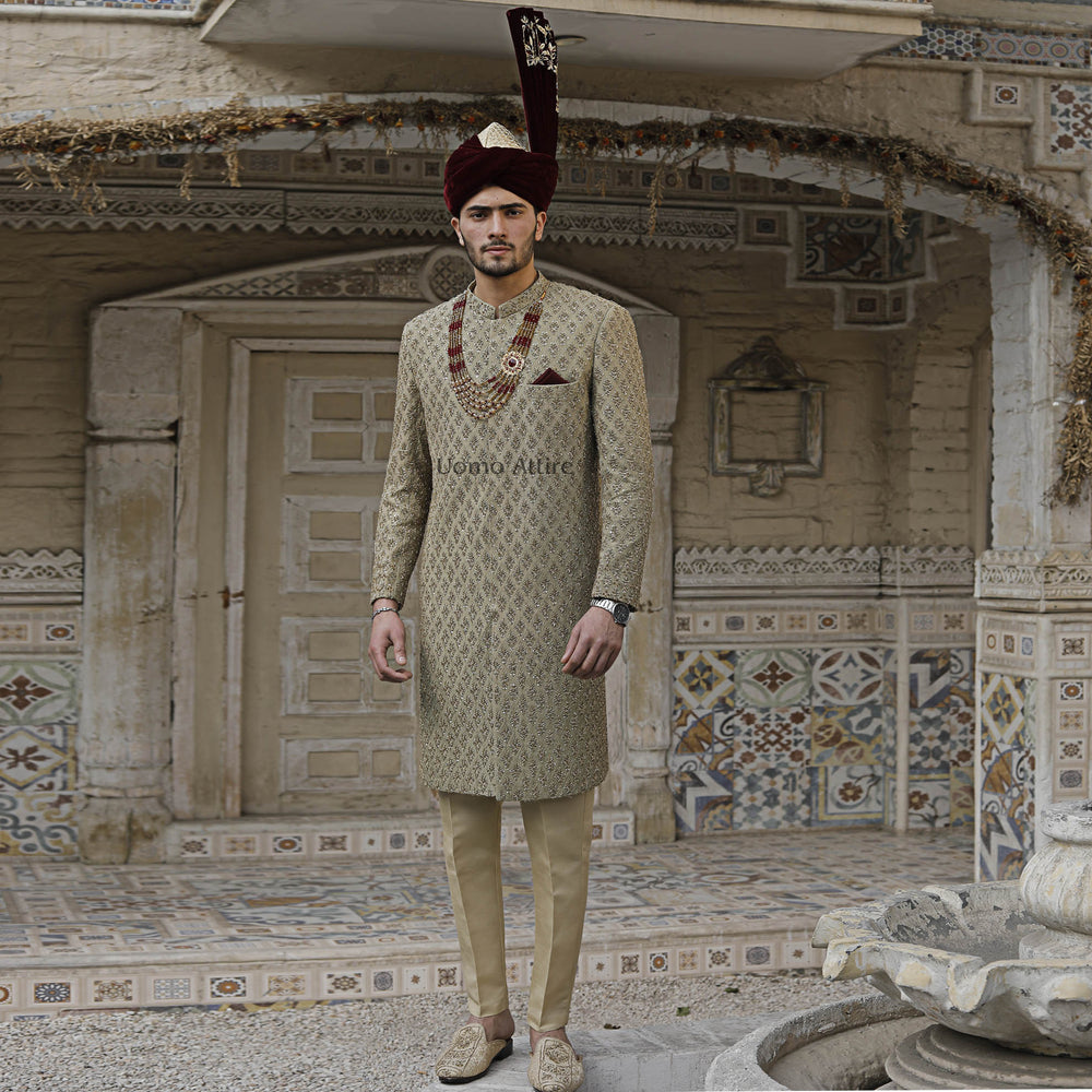 Exquisite Custom Ivory Gold Sherwani  For Groom with Golden Embellishments