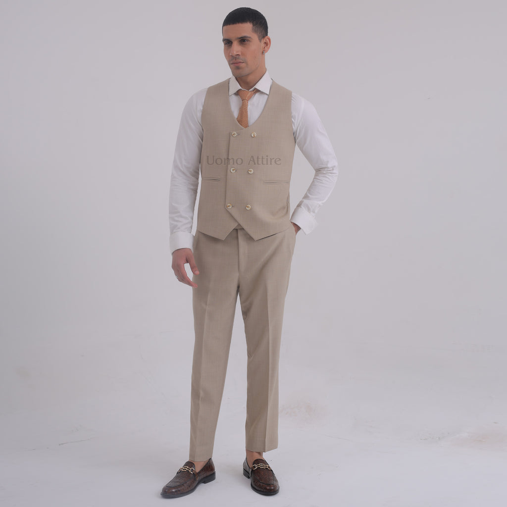 Beige Custom-Made Men's Three-Piece Suit