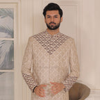 Luxury Beige Embroidered Sherwani with Maroon Embellishments for Grooms