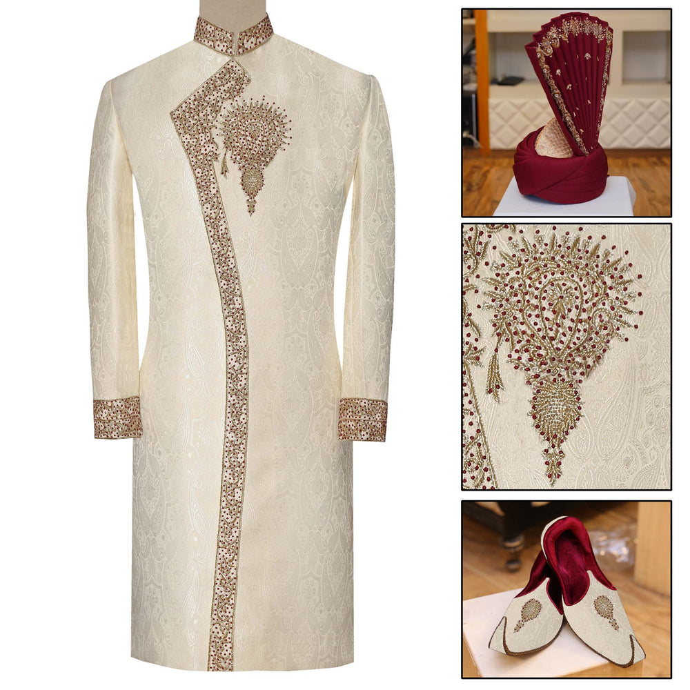 Wedding Off-White Sherwani for Groom Maroon Kulla