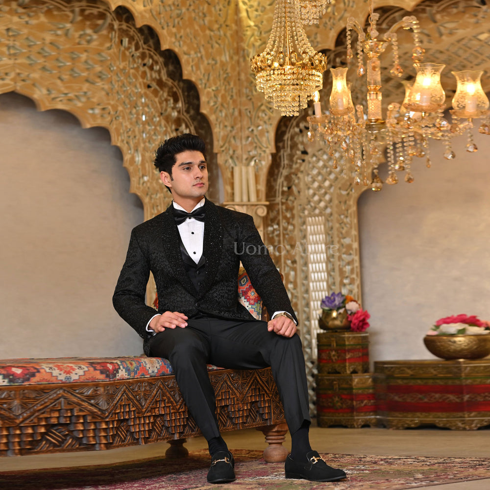 
                  
                    Luxury Fully Embroidered Tuxedo with Embellished Shawl Lapel
                  
                