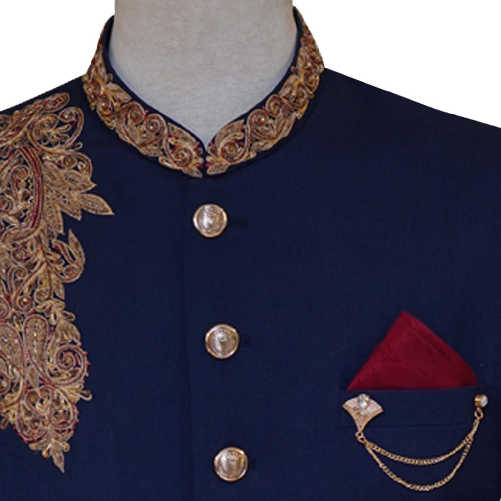 Wedding wear navy blue prince coat with micro embellishments | Navy blue prince coat for groom with pocket square and chain brooch