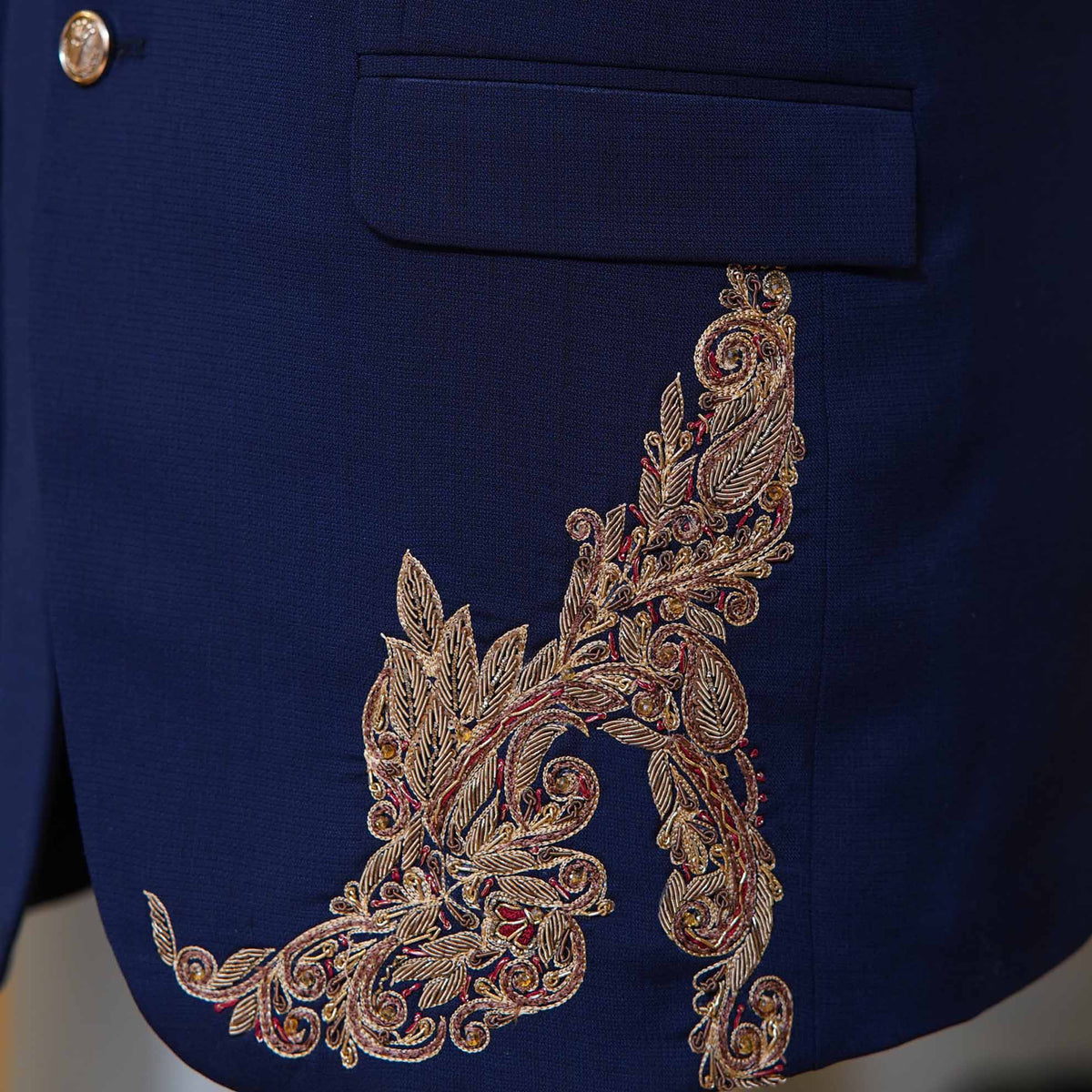 Wedding wear navy blue prince coat with micro embellishments | Navy blue prince coat for groom 3