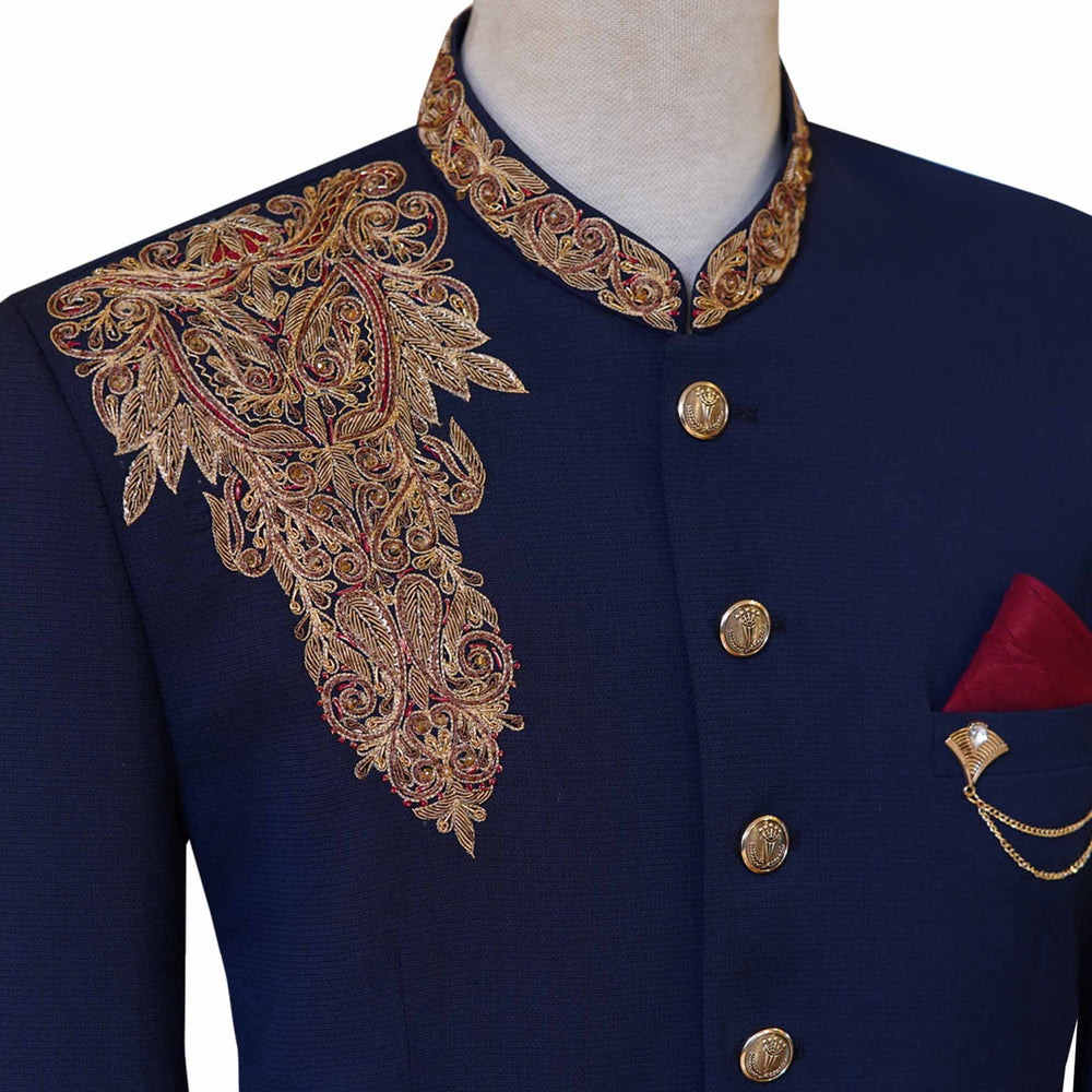Wedding wear navy blue prince coat with micro embellishments | Navy blue prince coat for groom with golden embellishments