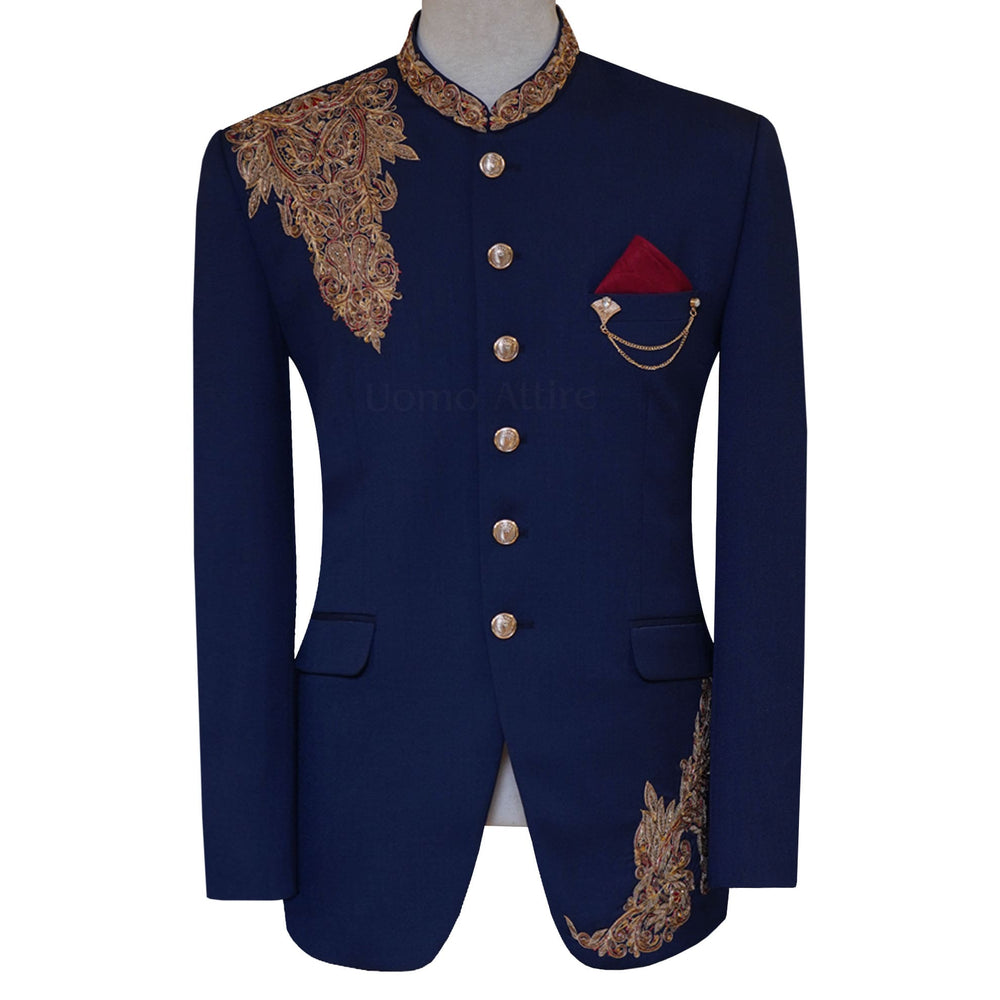 Wedding wear navy blue prince coat with micro embellishments | Navy blue prince coat for groom