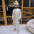 Men's Luxury Off-White Short Sherwani with Gold Embroidery & Saafa