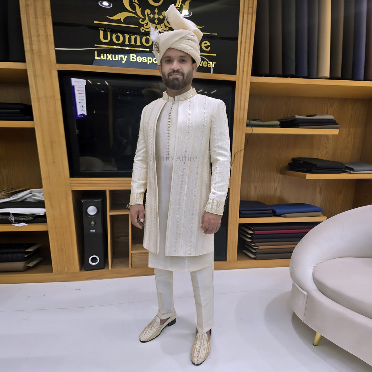 Men's Luxury Off-White Short Sherwani with Gold Embroidery & Saafa