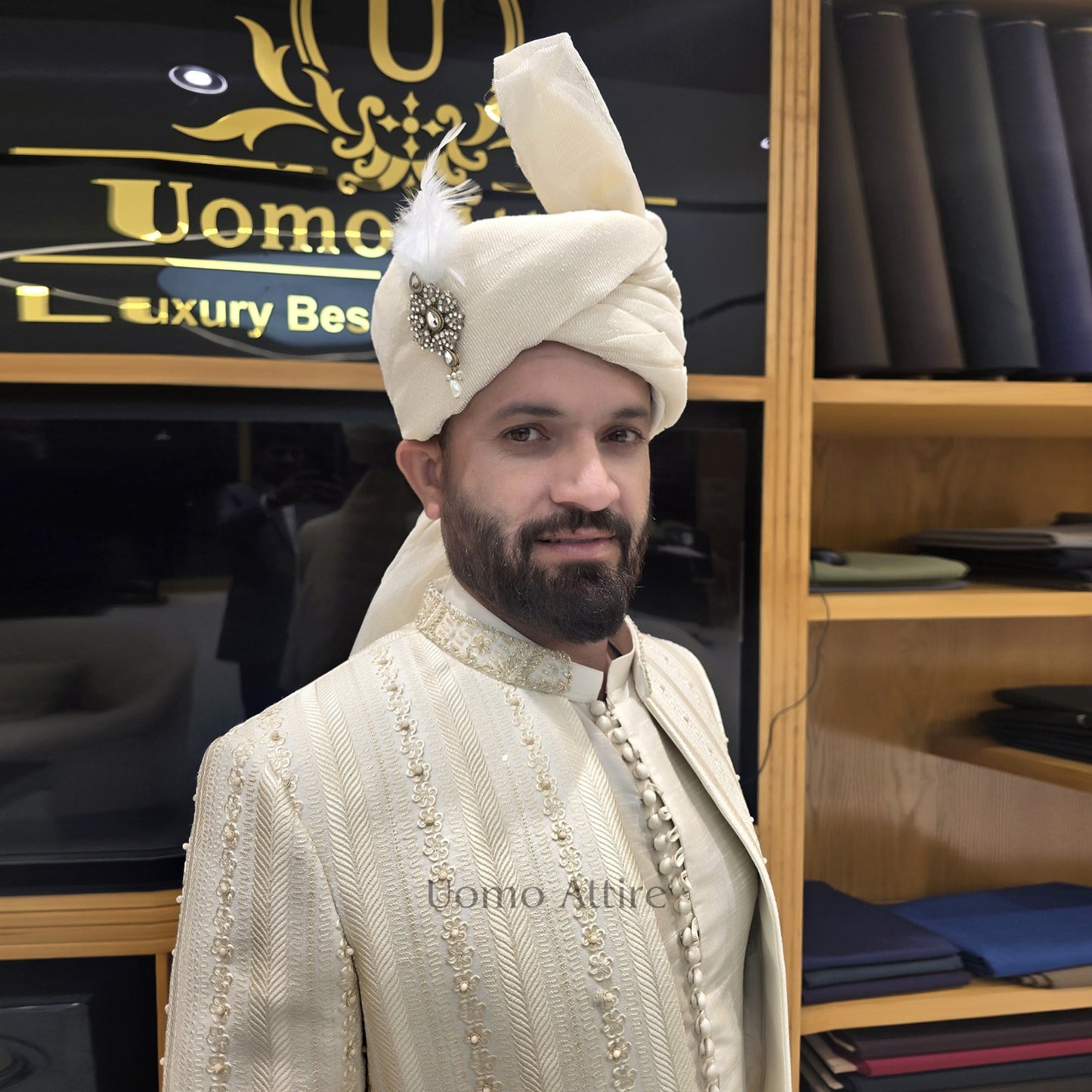 
                  
                    Men's Luxury Off-White Short Sherwani with Gold Embroidery & Saafa
                  
                