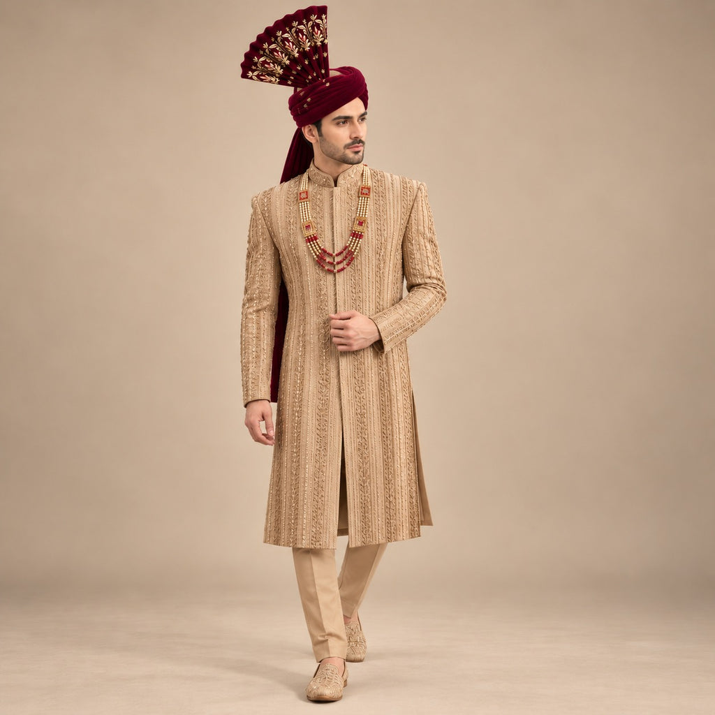 Golden Groom Sherwani for Men in Hand Micro Embellishment