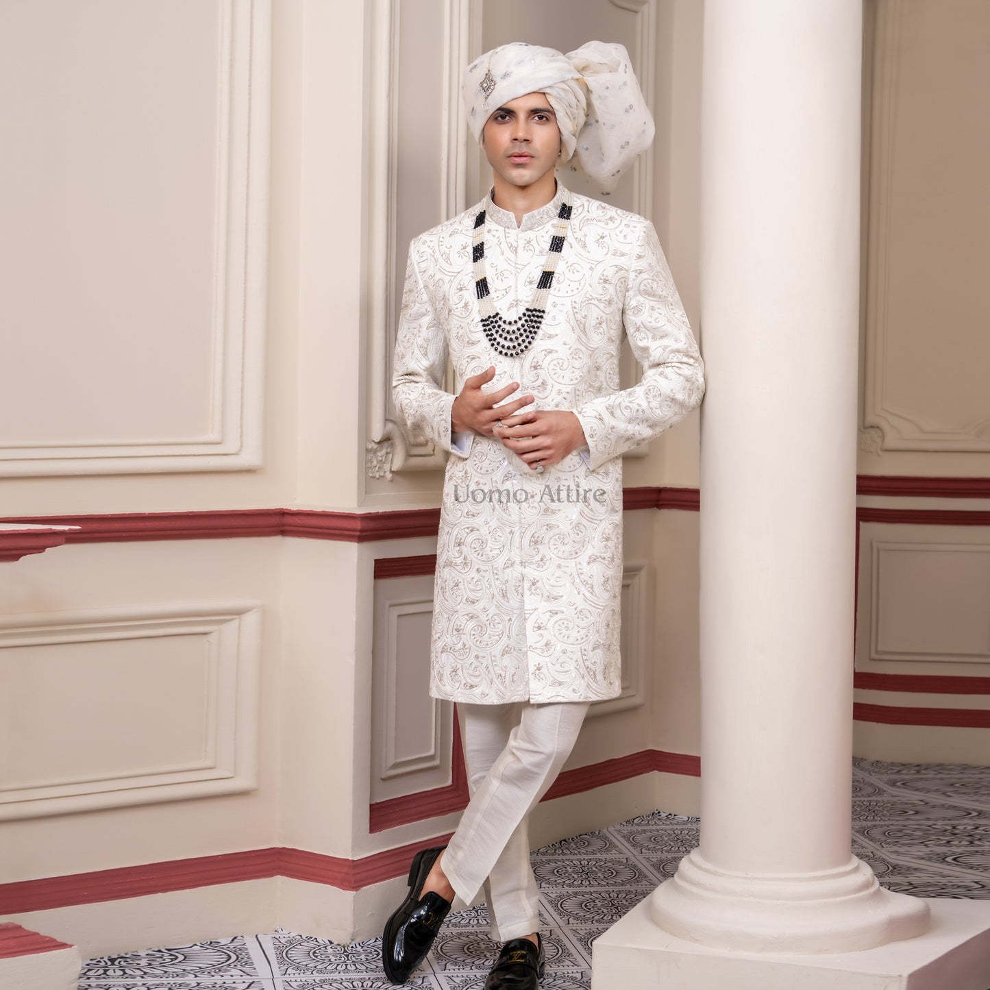 Luxury White Sherwani for Groom Embroidered Indian Wedding