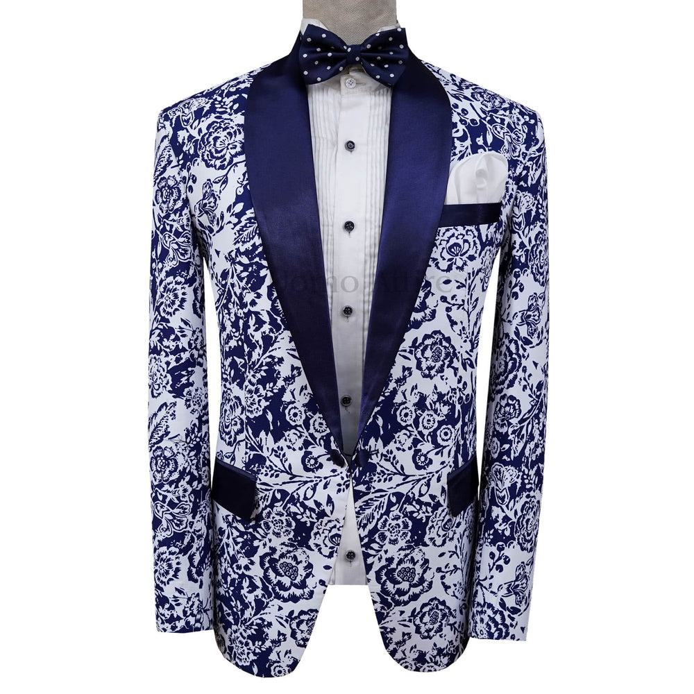 White and Blue Self Print Fabric Classic Tuxedo Suit – Uomo Attire