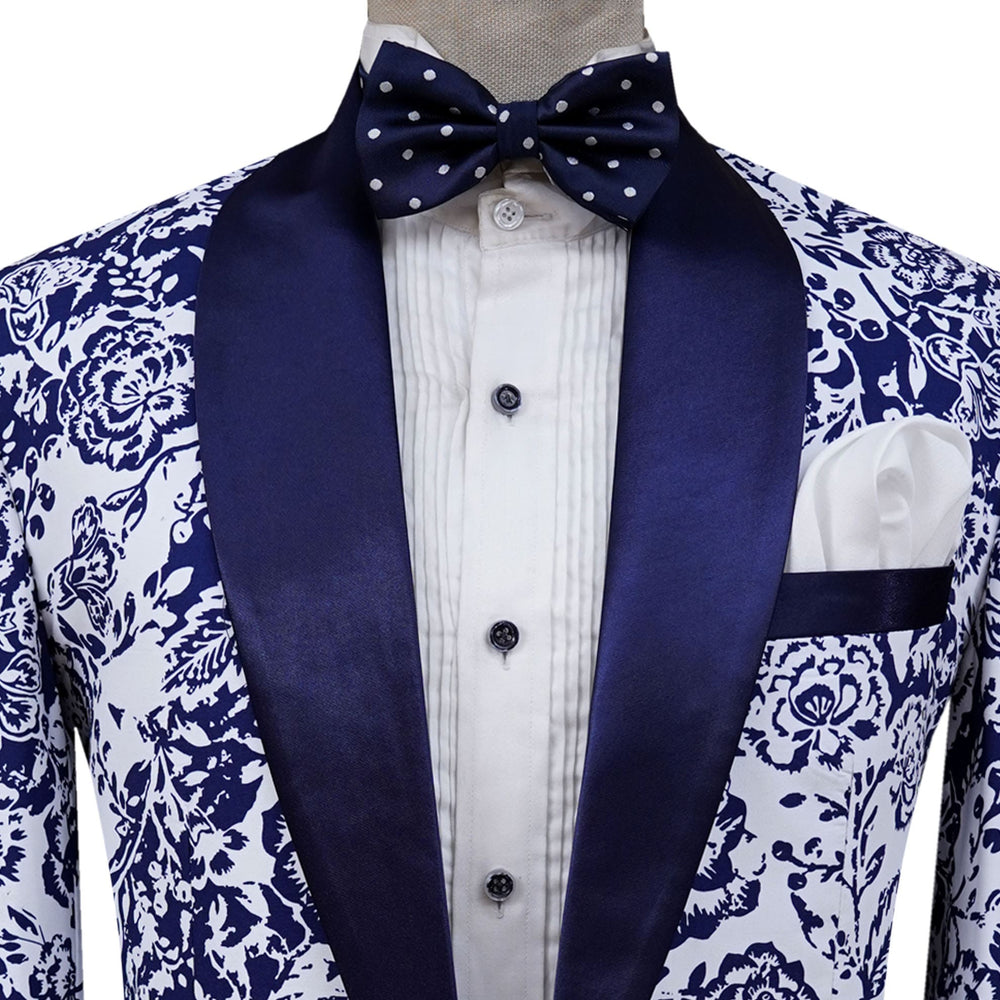 White and Blue Self Print Fabric Classic Tuxedo Suit