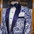 White and Blue Self Print Fabric Classic Tuxedo Suit