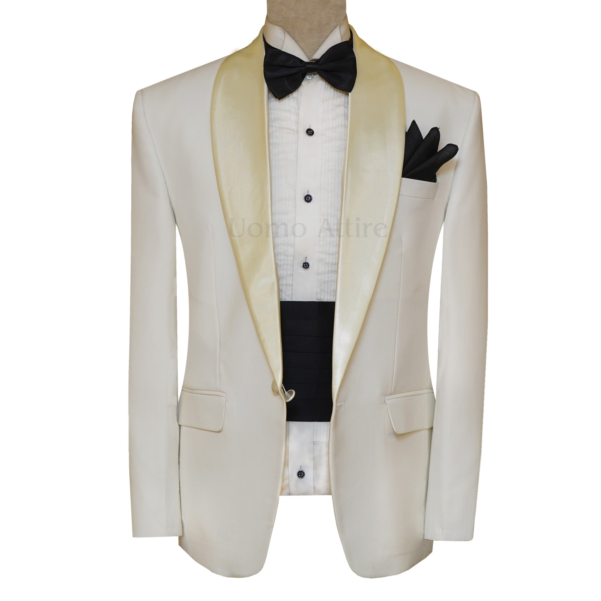 White Groom Tuxedo with Shiny Gold Lapel
