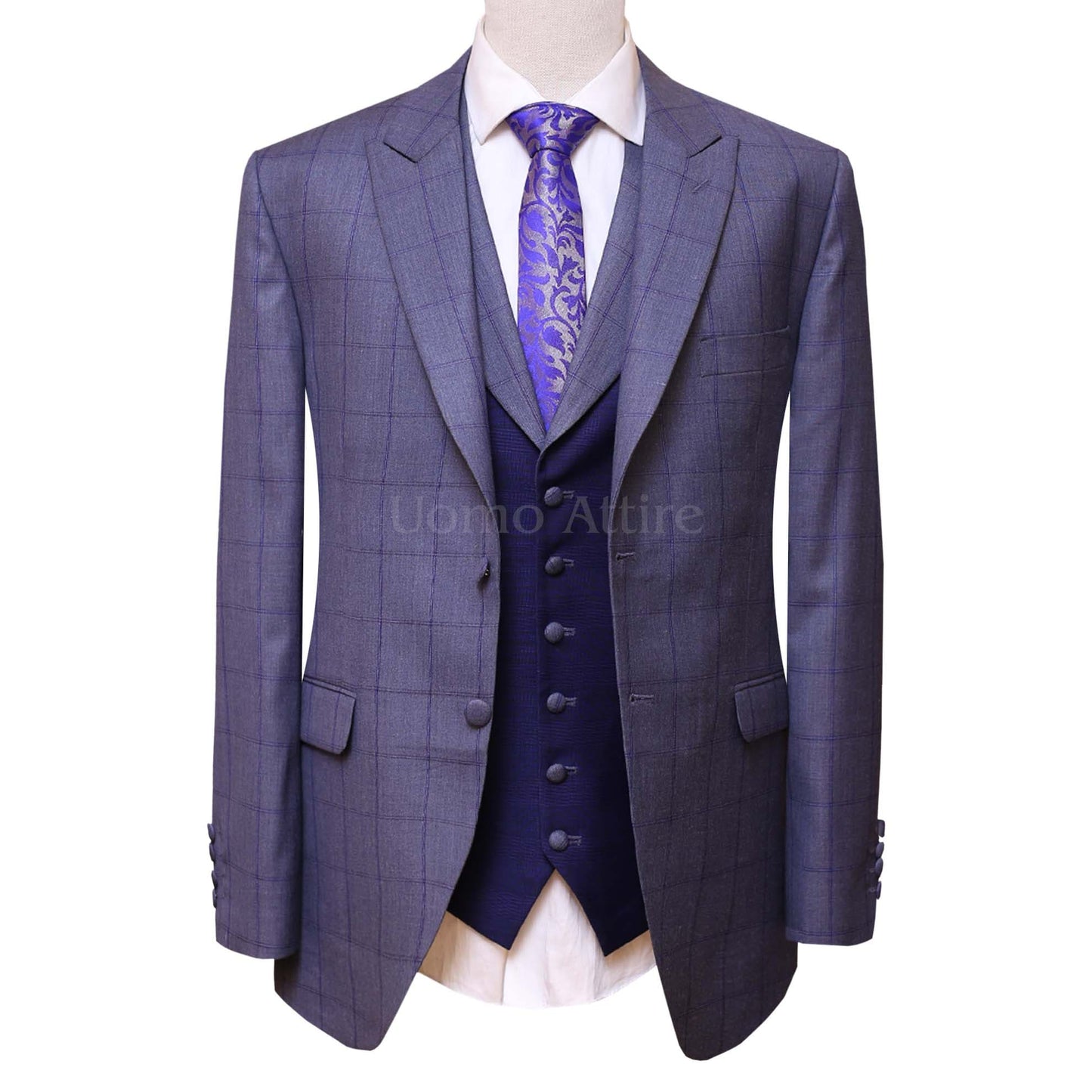
                  
                    Windowpane Checkered Bespoke Gray 3 Piece Suit
                  
                