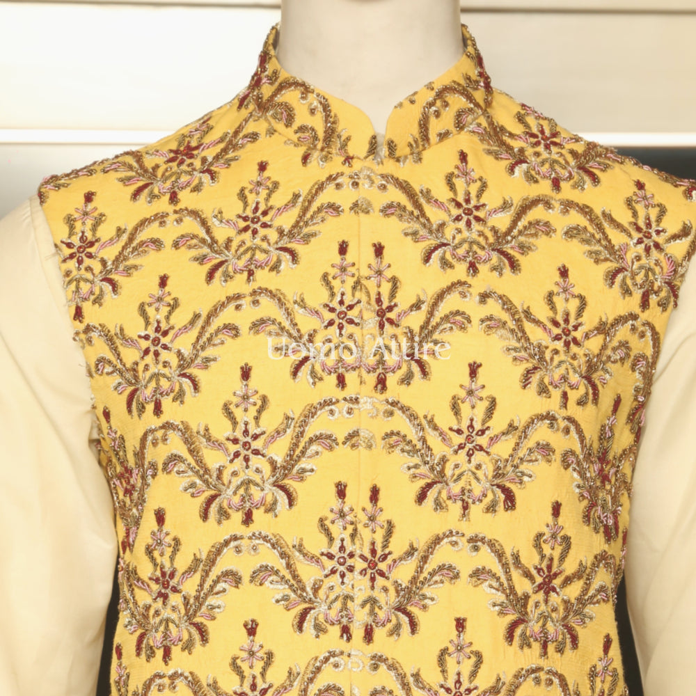 
                  
                    Yellow Waistcoat with Micro Jewelry Work for Mehndi | Mehndi Waistcoat
                  
                