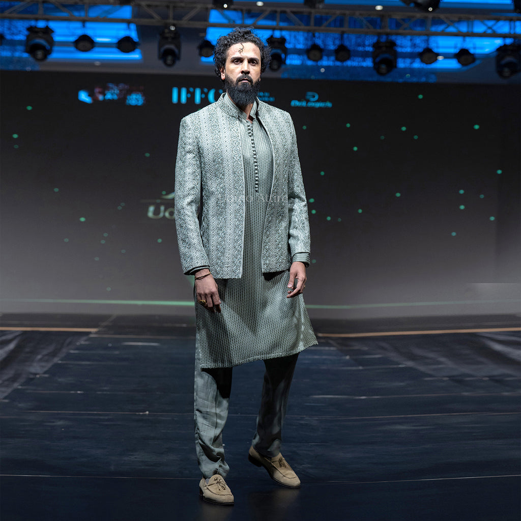 Luxury Ice Blue Embroidered and Embellishment Prince Coat & Kurta Pajama