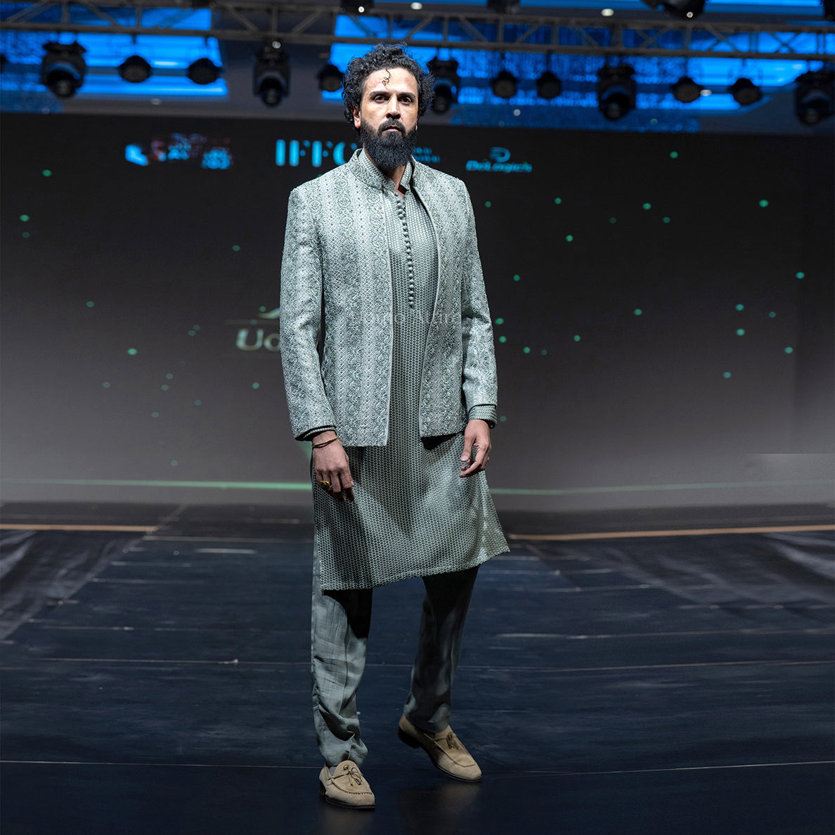 Luxury Ice Blue Embroidered and Embellishment Prince Coat & Kurta Pajama