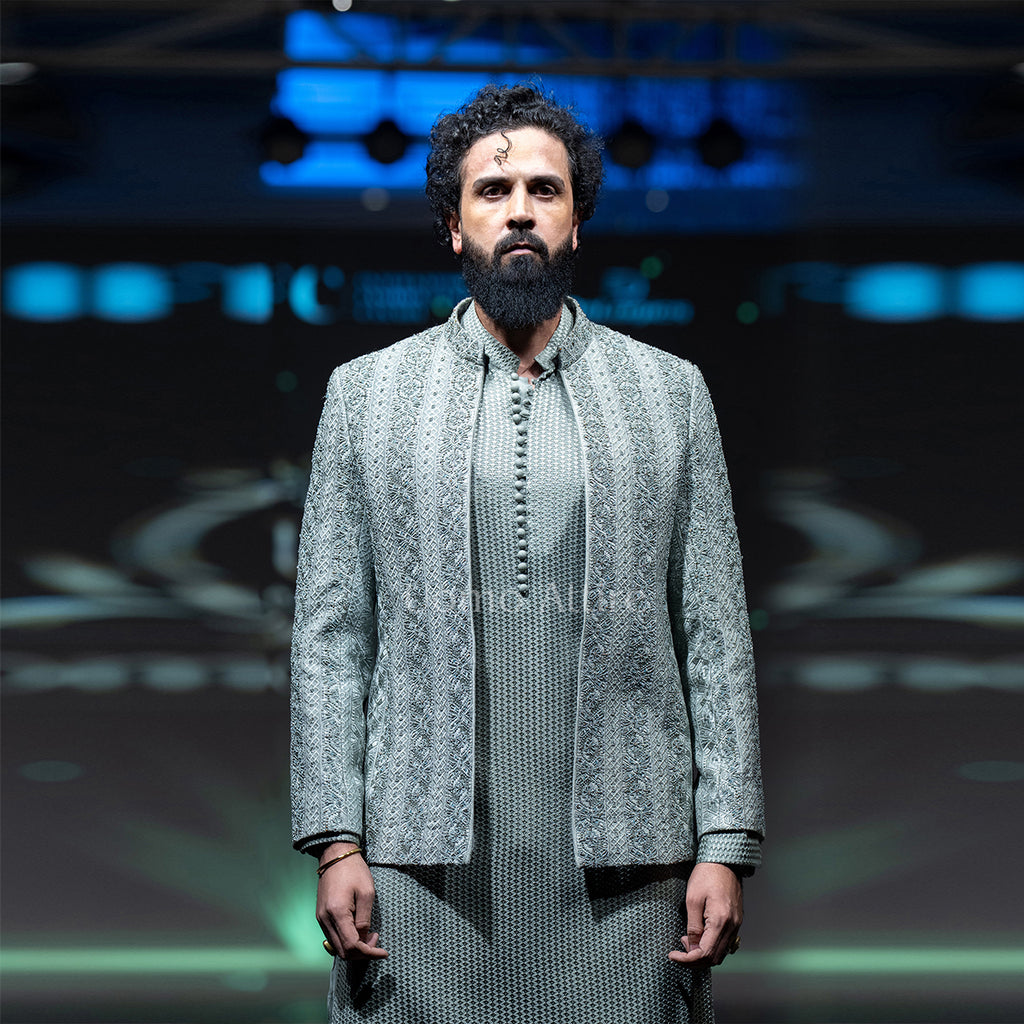 Luxury Ice Blue Embroidered and Embellishment Prince Coat & Kurta Pajama