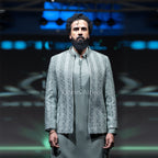 Luxury Ice Blue Embroidered and Embellishment Prince Coat & Kurta Pajama