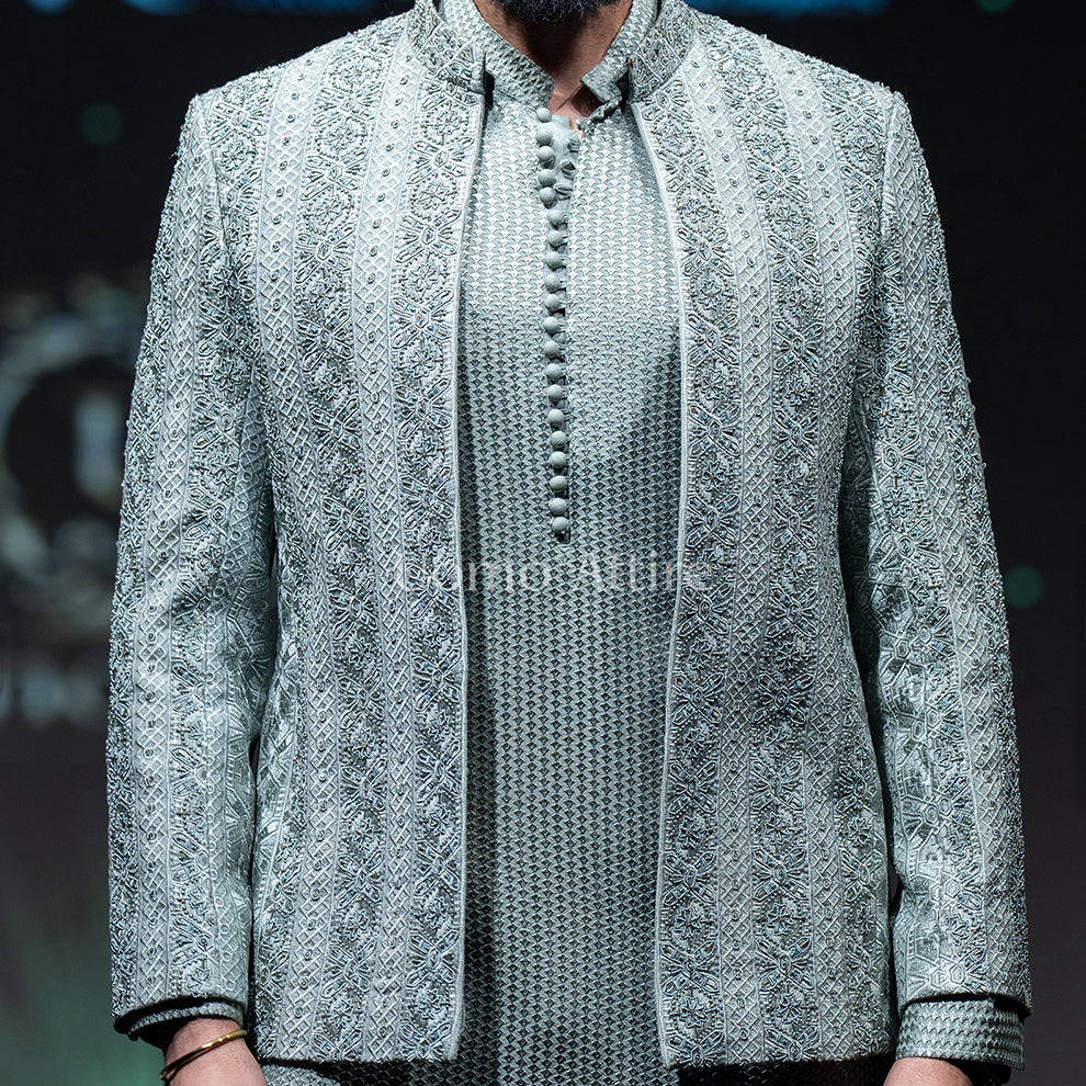 Luxury Ice Blue Embroidered and Embellishment Prince Coat & Kurta Pajama