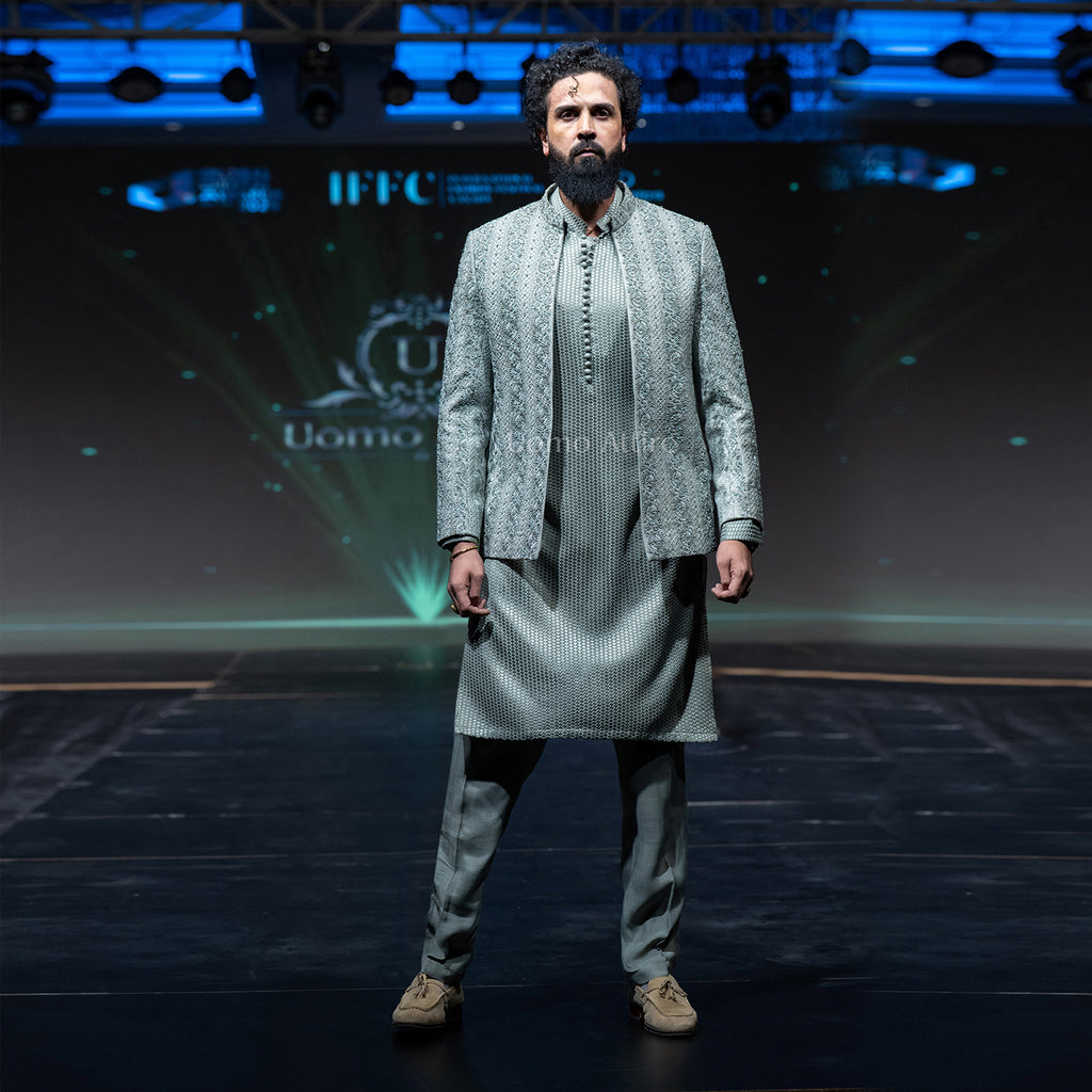 Luxury Ice Blue Embroidered and Embellishment Prince Coat & Kurta Pajama