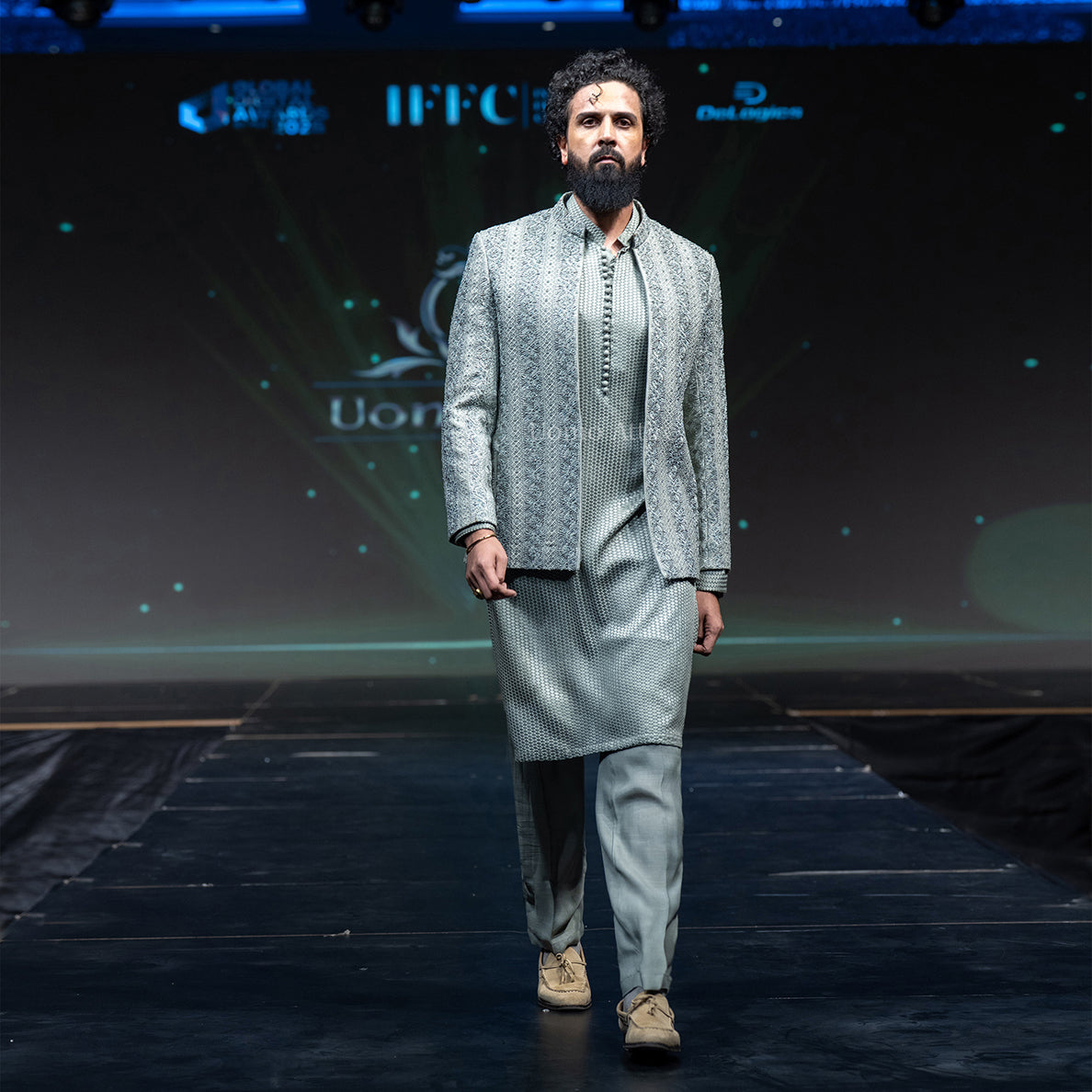 Luxury Ice Blue Embroidered and Embellishment Prince Coat & Kurta Pajama