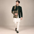 Bottle Green Prince Coat for Men in Raw Silk Embellishment