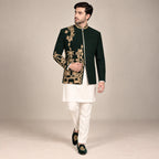 Bottle Green Prince Coat for Men in Raw Silk Embellishment
