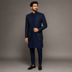 Navy Blue Prince Coat for men in Multicolor Hand Embellished