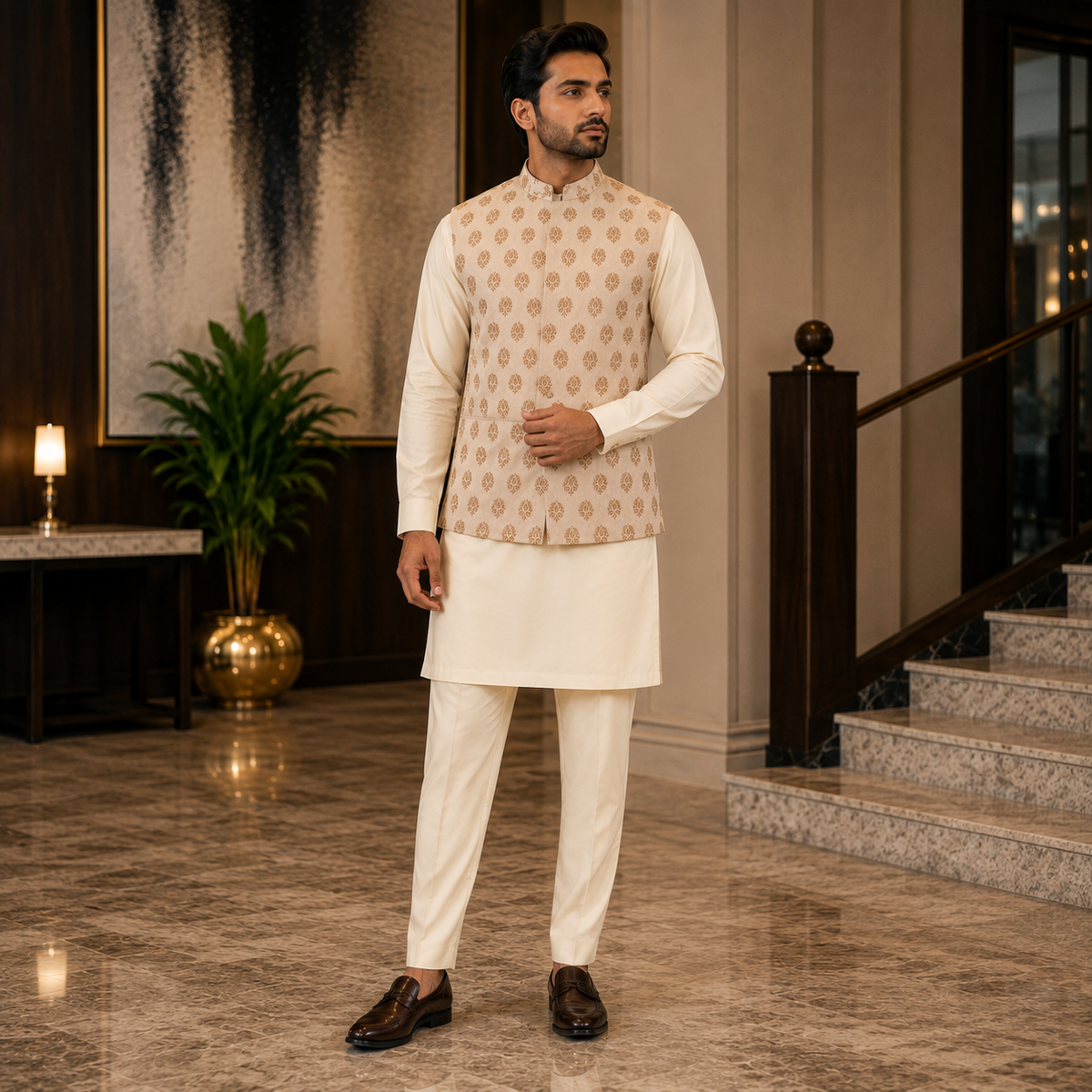 Ivory Karandi Fabric Hand Embellished Waistcoat