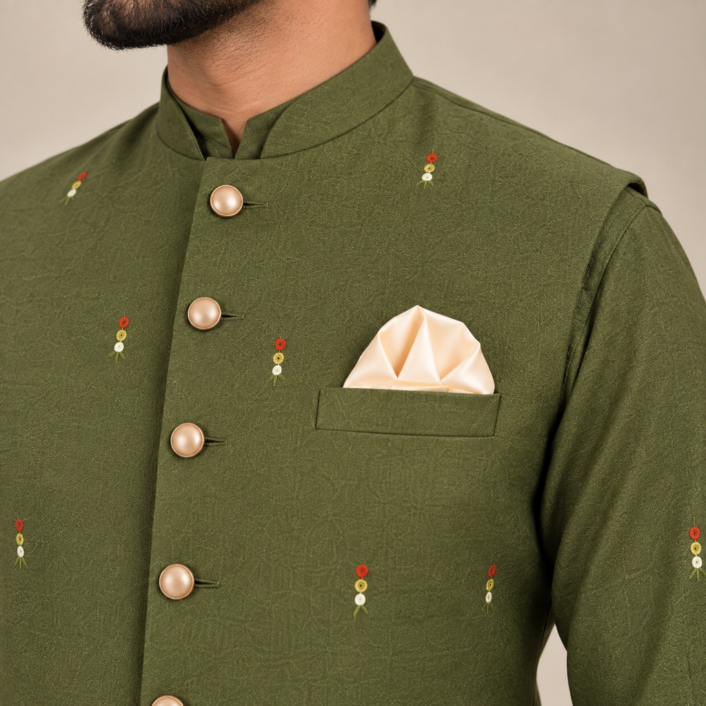 PURE KOREAN RAW SILK WITH HAND EMBELLISHMENT OLIVE GREEN WAISTCOAT KURTA PAJAMA
